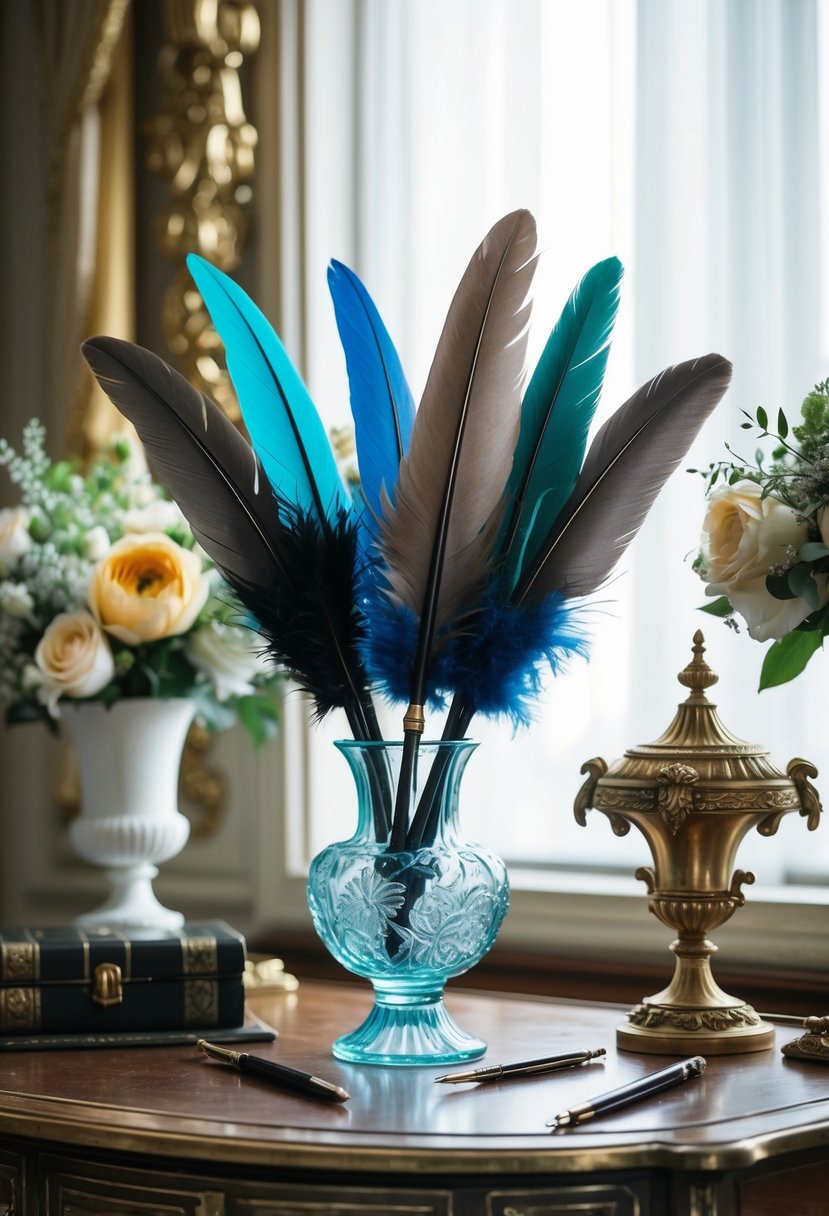 Feather quill pens arranged on a vintage desk with ornate Rococo wedding decor and floral accents
