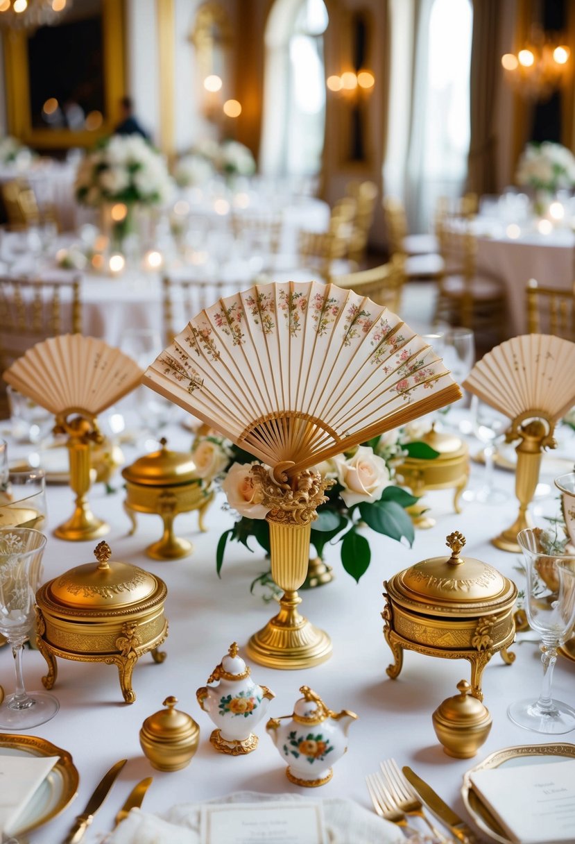 A lavish table displays ornate Rococo wedding favors, such as delicate fans, gilded trinket boxes, and miniature porcelain figurines