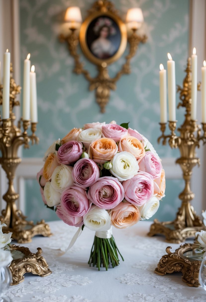 A lavish French rosette bouquet surrounded by ornate Rococo wedding decor