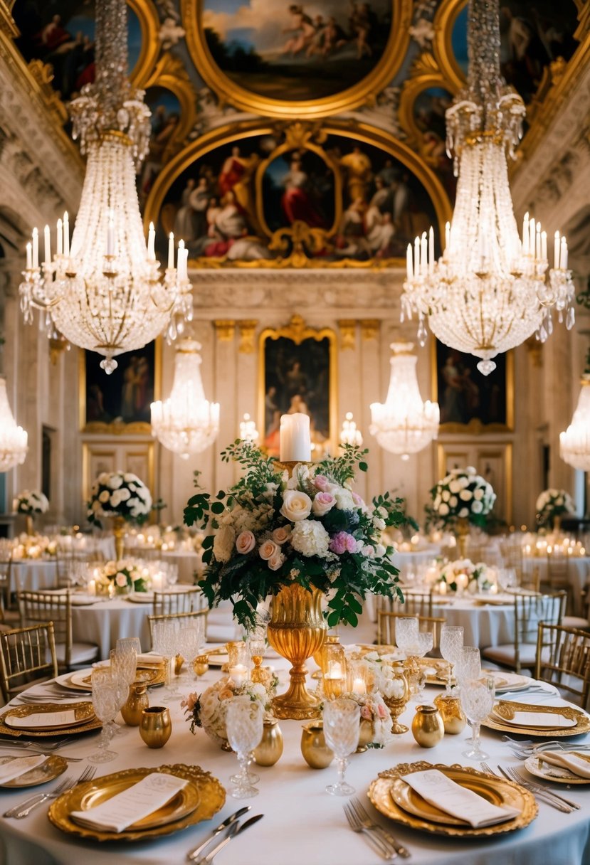 A lavish Rococo wedding banquet with ornate floral centerpieces and gilded tableware, set in a grand ballroom with opulent chandeliers and intricate ceiling frescoes