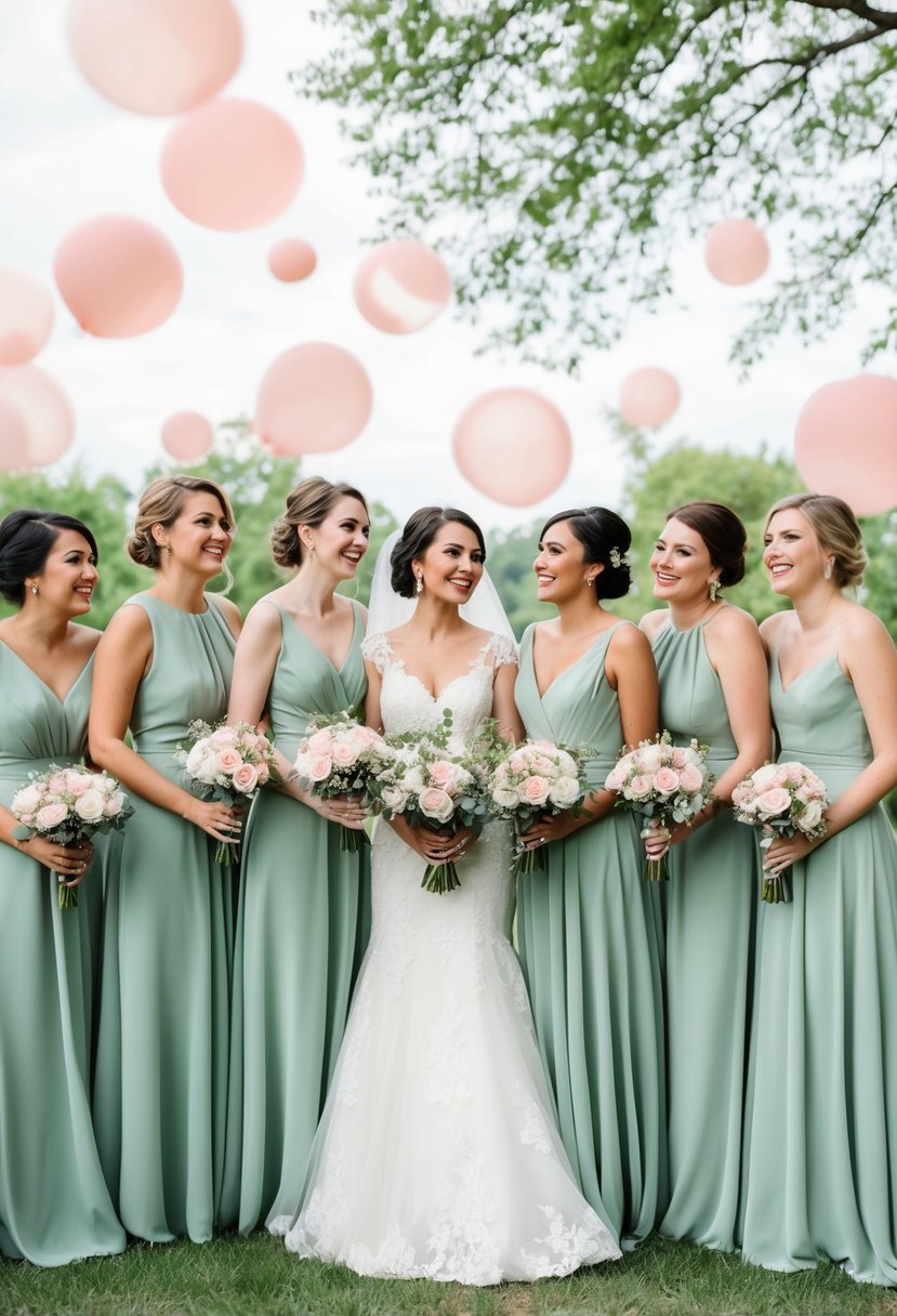 A group of bridesmaid dresses in sage green, arranged in a soft and romantic wedding theme with blush pink accents