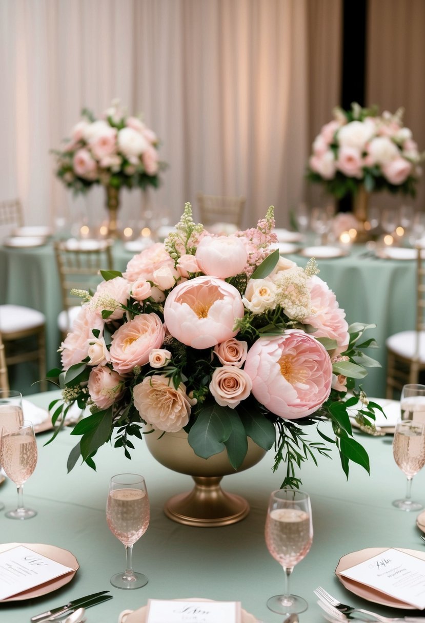 Lush blush pink floral centerpieces arranged on sage green tablecloths for a romantic wedding reception