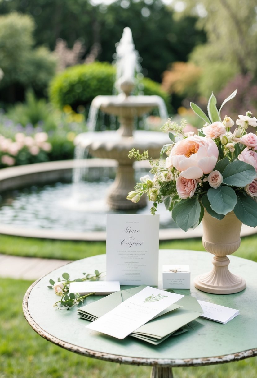 A serene garden setting with sage and blush pink flowers, a flowing fountain, and elegant wedding invitations displayed on a vintage table