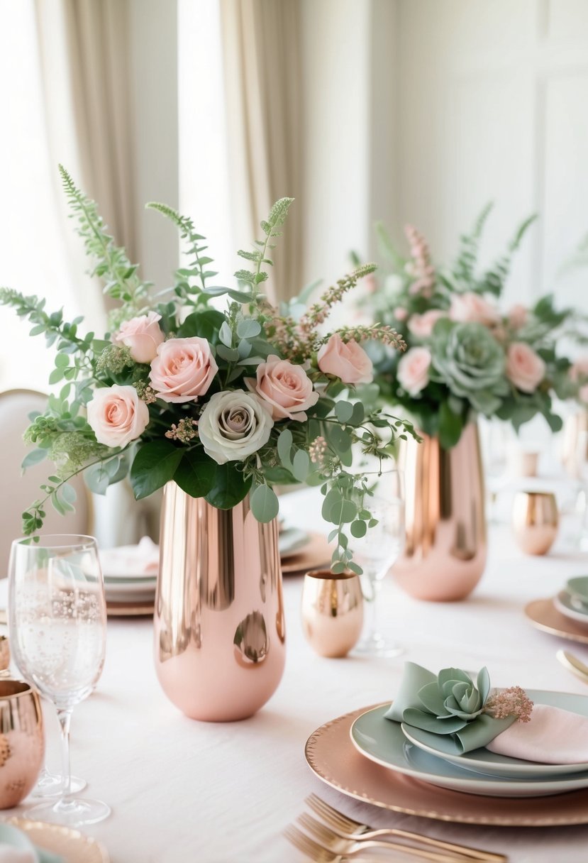 Soft sage and blush pink florals cascade from rose gold vases on a table set with elegant place settings and delicate accents