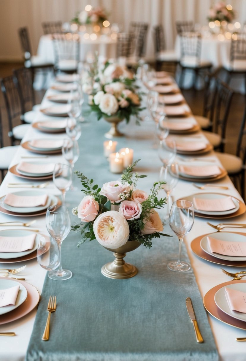 A wedding reception table adorned with sage velvet table runners, set with blush pink floral centerpieces and elegant tableware