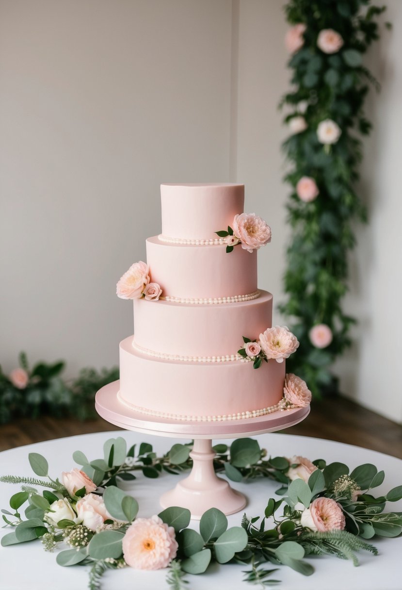A three-tiered blush pink wedding cake surrounded by sage green foliage and delicate blush pink flowers