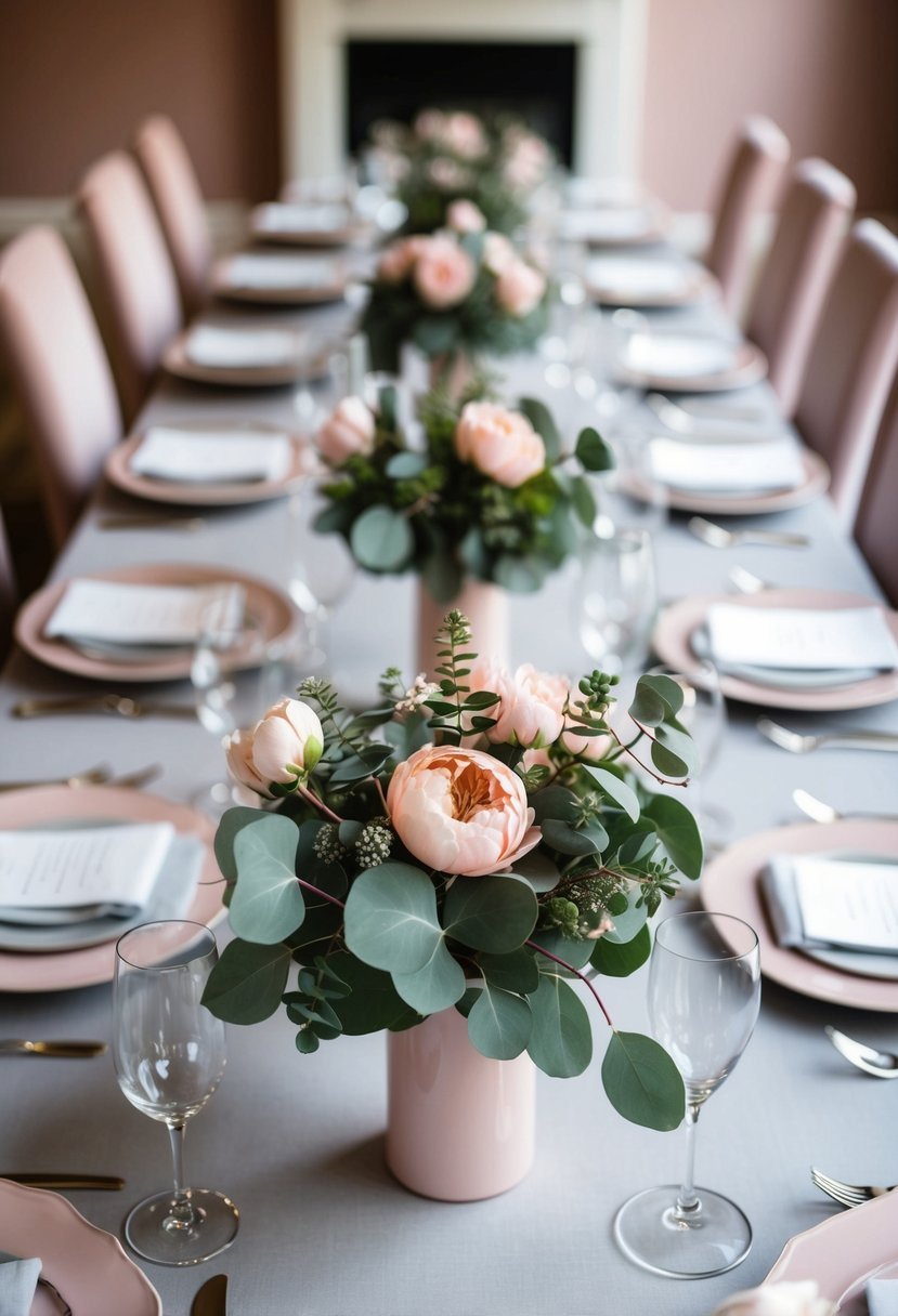A table set with eucalyptus and blush pink bouquets, surrounded by sage and blush pink wedding decor