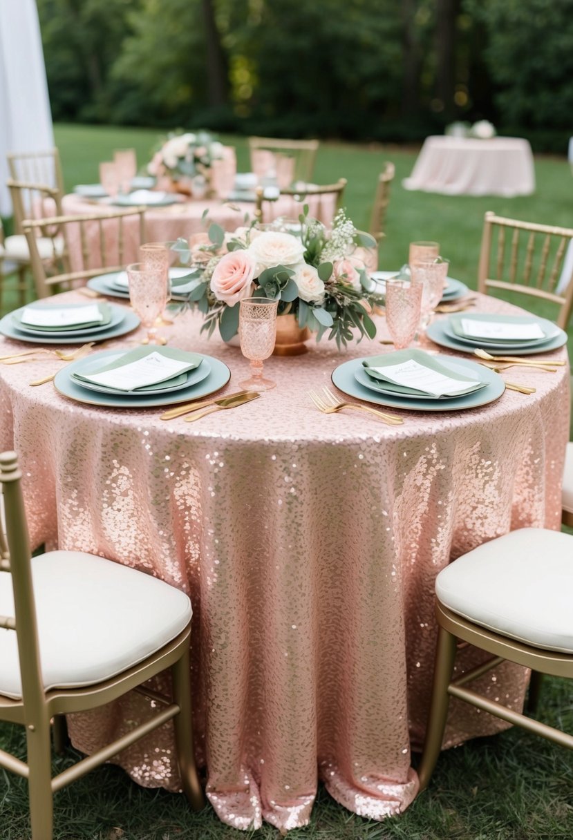 A table set with blush sequin tablecloths, adorned with sage and blush pink wedding decor