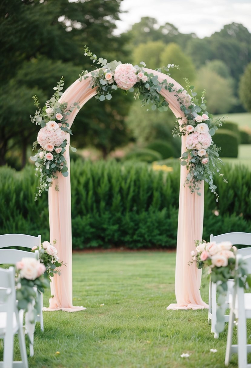 A blush and sage wedding arch adorned with pink flowers and greenery stands in a serene garden setting