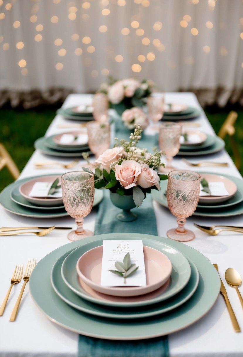 A table set with sage green tableware and blush pink accents for a wedding theme
