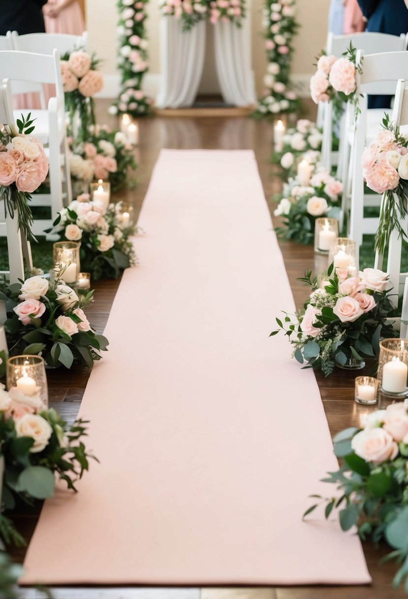 A blush pink wedding aisle runner adorned with sage green and blush pink floral arrangements, leading to a romantic ceremony space