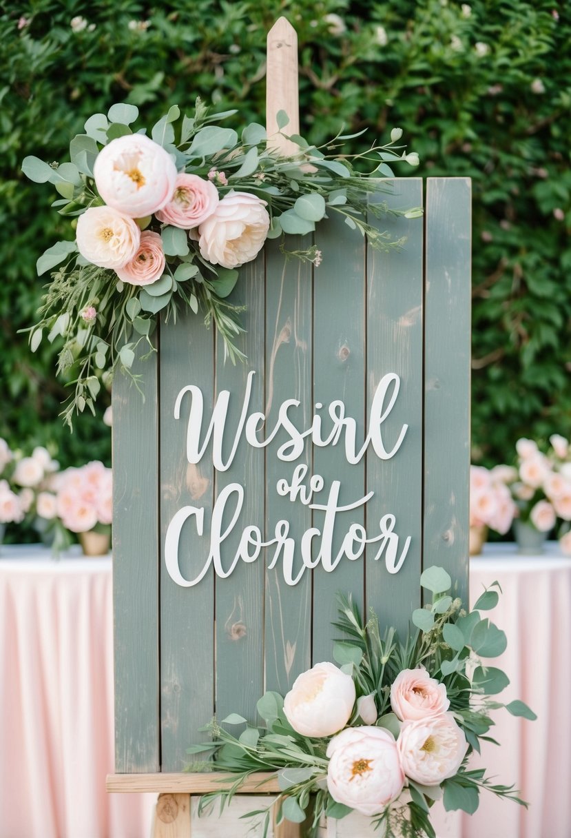 A rustic wooden sign adorned with sage green and blush pink florals, set against a backdrop of lush greenery and soft pink accents